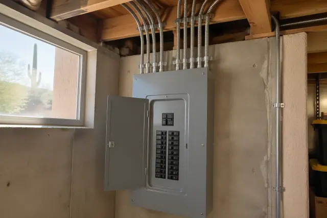Electrical panel upgrade and EV charger repair in a Mesa, AZ basement utility area.