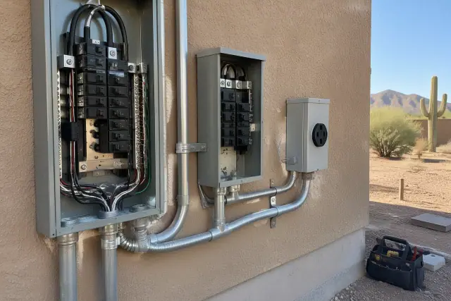 Electrical panel upgrade and conduit on a stucco wall in Mesa, AZ.
