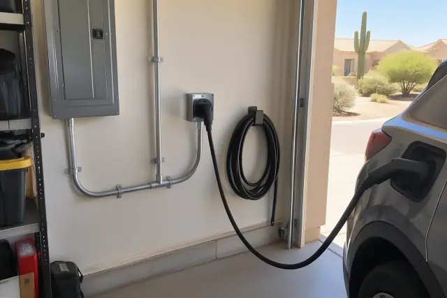 NEMA 14-50 EV charger outlet mounted on a residential garage wall in Mesa, AZ.