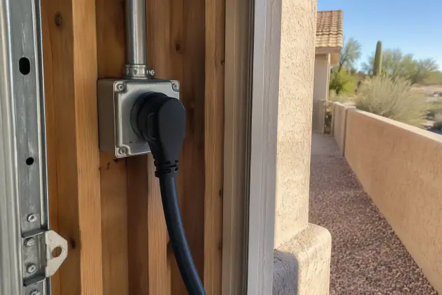 NEMA 14-50 plug-in charging setup for a Tesla Wall Connector installed on a wall in Mesa, AZ.