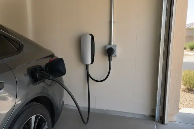 EV charger plugged into a NEMA 14-50 outlet on a drywall wall in Mesa, AZ.