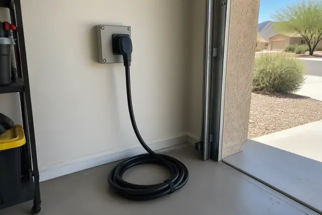 NEMA 14-50 outlet installation with coiled power cord in a Mesa, AZ garage.
