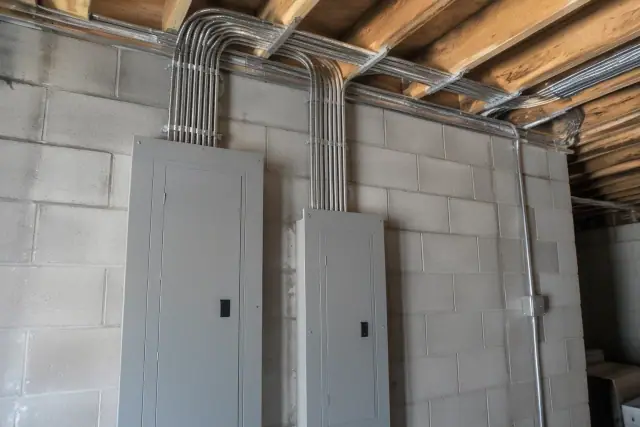 Electrical cabling secured with heavy-duty conduit clamps along a concrete foundation wall in Mesa, AZ.