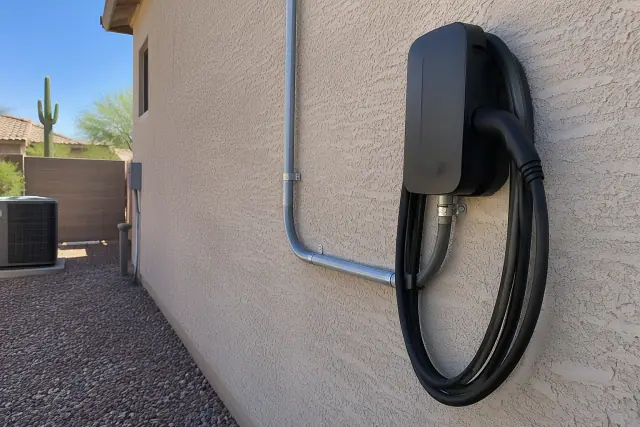Hardwired EV charger installation on a stucco exterior wall in Mesa, AZ.