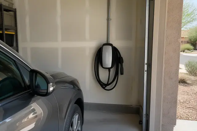 Hardwired EV charging unit installed on a drywall in Mesa, AZ, with electrical conduit and a parked vehicle.