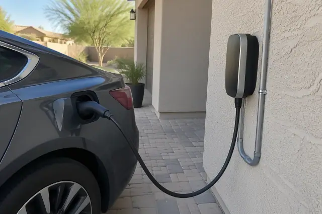 EV charger repair and troubleshooting on a stucco wall at a home in Mesa, AZ.