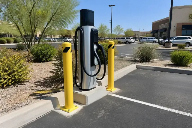 Commercial EV charger installation with a charging pedestal and concrete bollards at a Mesa, AZ strip-mall parking lot.