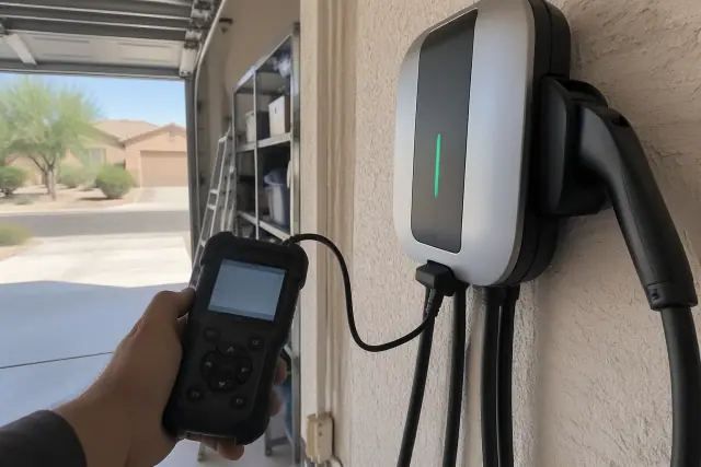 Technician performing EV charger firmware diagnostics inside a garage in Mesa, AZ.