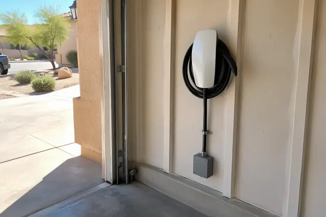 Tesla Wall Connector EV charger installed on a garage wall in Mesa, AZ.