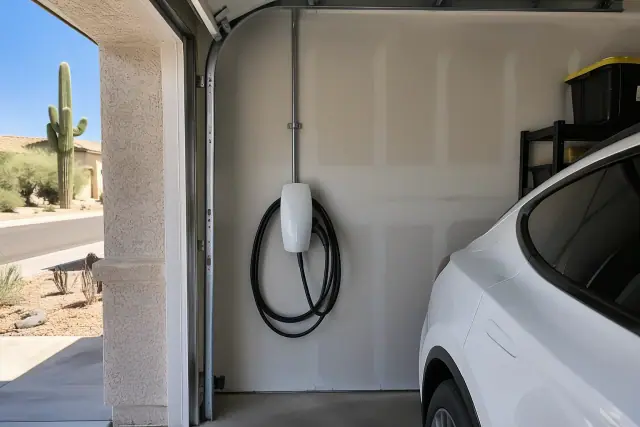 Tesla Wall Connector installed on a garage wall in Apache Junction, AZ with conduit and a parked vehicle.