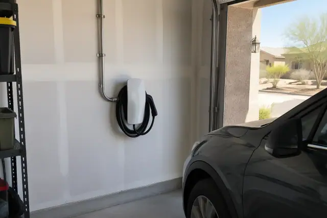 Tesla Wall Connector installed on a garage wall in Gilbert, AZ.