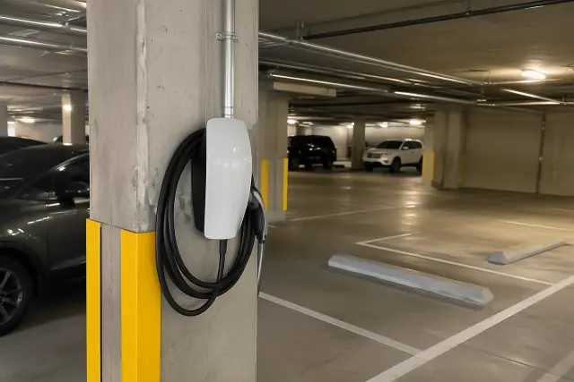 Tesla Wall Connector installed on a concrete pillar in a Mesa, AZ apartment parking garage.