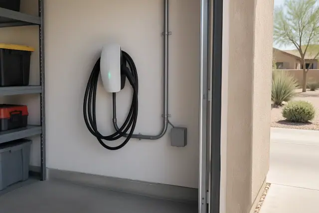 Tesla Wall Connector EV charger installed on a residential garage wall in Mesa, AZ.