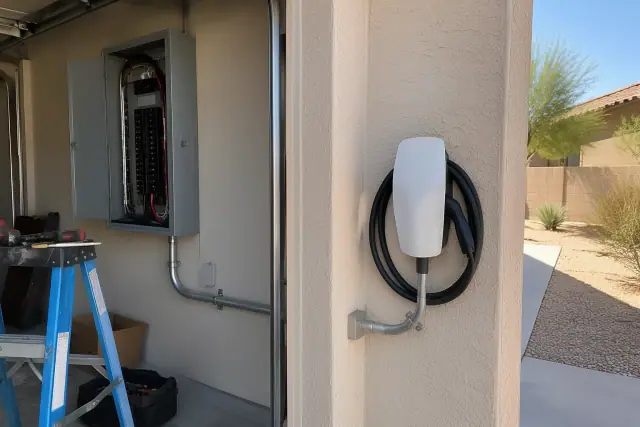Tesla Wall Connector EV charger installation on a stucco home exterior in Mesa, AZ.