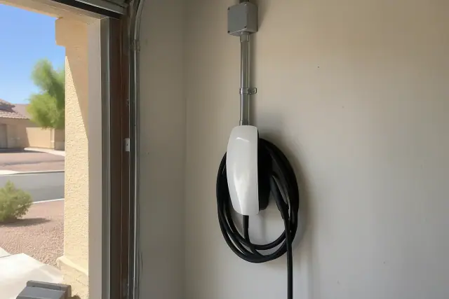 Tesla Wall Connector installed on a drywalled interior wall in Mesa, AZ.