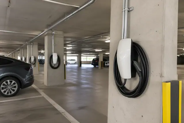 Tesla Wall Connector installation on a concrete pillar in a Mesa, AZ underground parking garage.