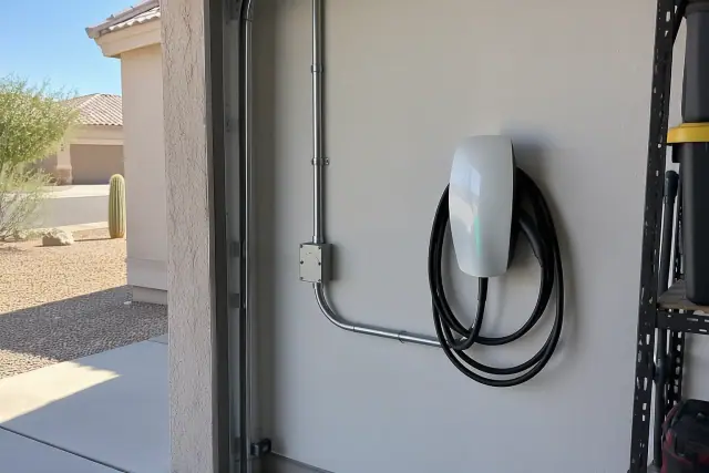Tesla Wall Connector installed on a garage drywall in Mesa, AZ.