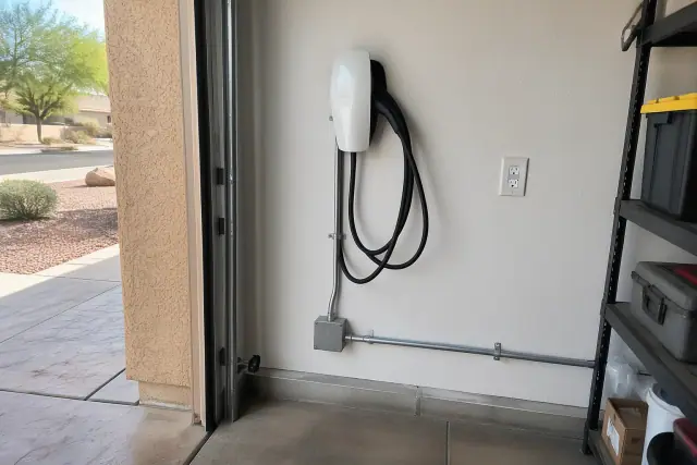 Tesla Wall Connector installed in a residential garage in Mesa, AZ.