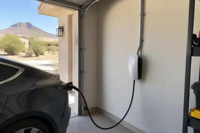 Tesla Wall Connector installation with electrical conduit on a drywall wall in Mesa, AZ.