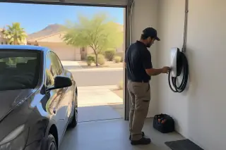 Electrician inspecting a Tesla Wall Connector in a garage in Mesa, AZ.