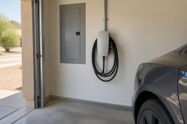 Wall connector and electrical panel in a Mesa, AZ garage.