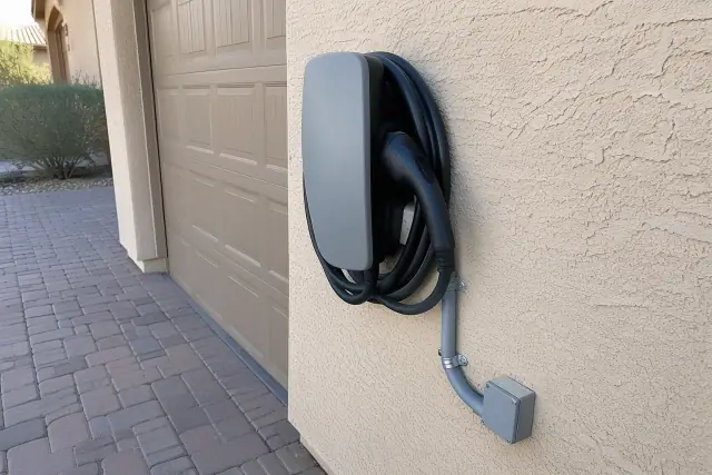 Weatherproof EV charger mounted on a stucco wall of a house in Mesa, AZ.