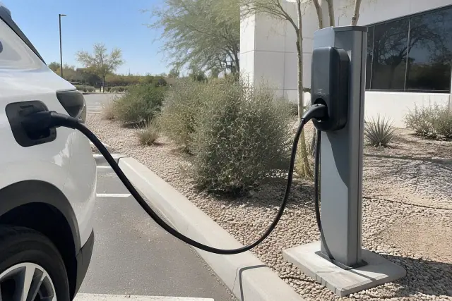 EV charger installation at a commercial office building exterior in Mesa, AZ.