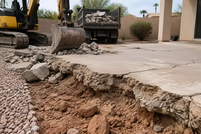 Heavy machinery breaking a thick concrete patio slab in a residential backyard in Mesa, AZ.