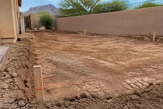 Caliche clay soil and staked string lines at a residential hydro excavation site preparation in Mesa, AZ.