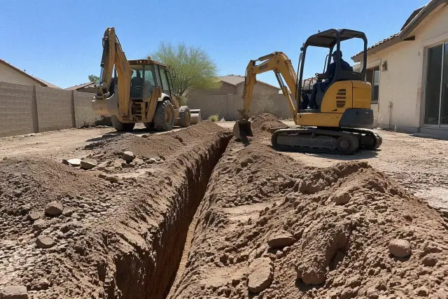 Backhoe and mini excavator trenching in a residential yard in Mesa, AZ.