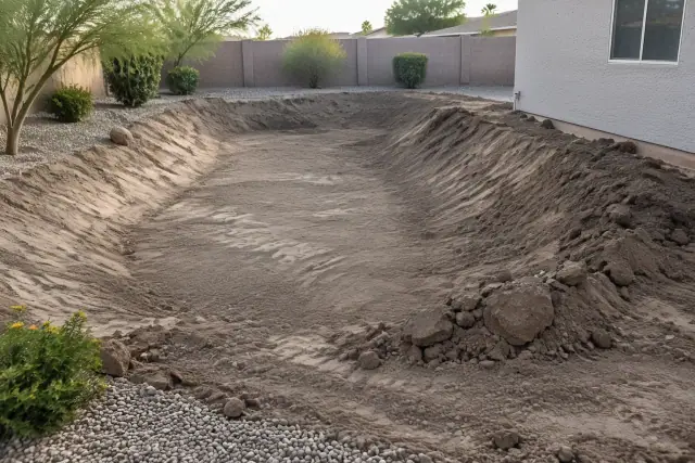 Freshly excavated retention basin in Mesa, AZ, showing sediment removal lines and piled silt near desert gravel and a stucco
