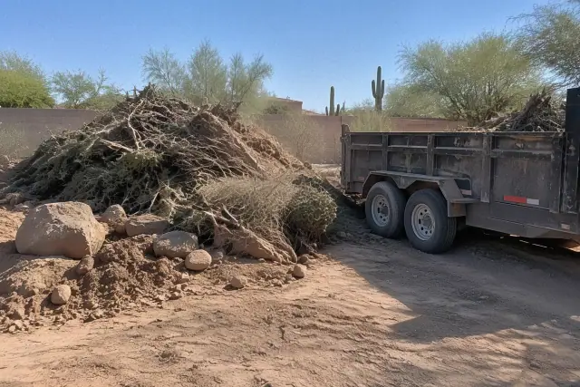Land clearing debris and loosened earth piled at a job site in Mesa, AZ.