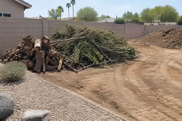 Piled brush, tree stumps, and root debris ready for hauling at a residential property in Mesa, AZ.