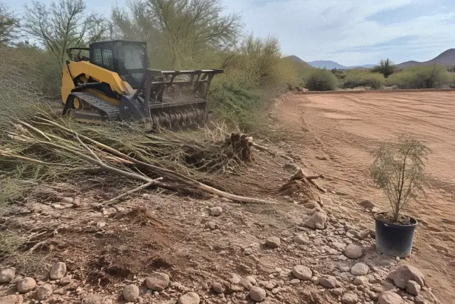 Heavy forestry mulcher clearing dense brush beside a graded building pad in Mesa, AZ.