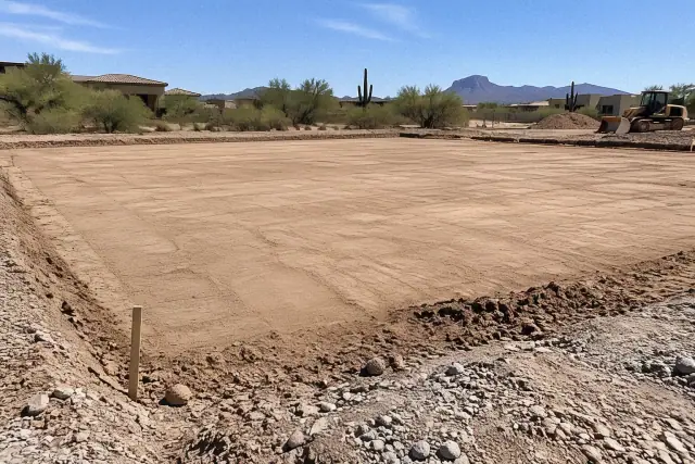 Leveled earthen building pad and caliche soil base for foundation excavation in Mesa, AZ.