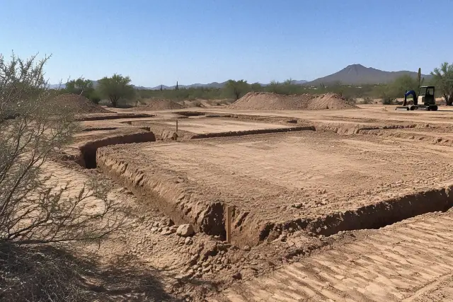 Building pads and foundation excavation in desert soil in Mesa, AZ.