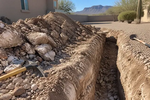 Caliche and rock excavation for a utility trench at a residential job in Mesa, AZ.
