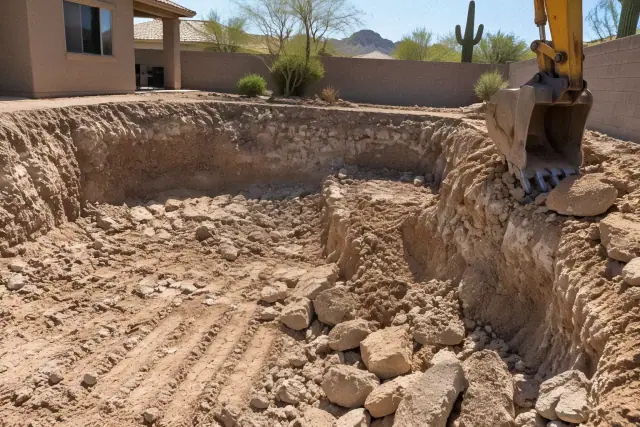 Backyard pool excavation showing fractured caliche soil and heavy bucket marks in Mesa, AZ.