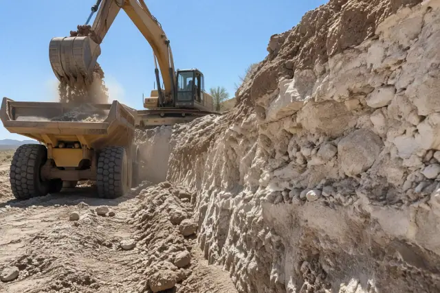 Excavator dumping stone and earth into a haul truck next to an exposed caliche layer in Mesa, AZ.