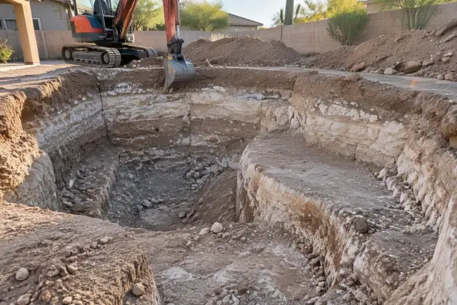 Compact excavator carving a pool shape in Mesa, AZ, showing exposed caliche soil layers.