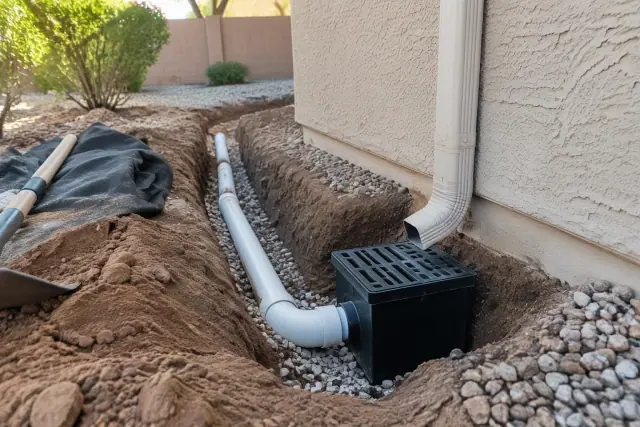 Catch basin and drainpipe installation for residential drainage in Mesa, AZ.