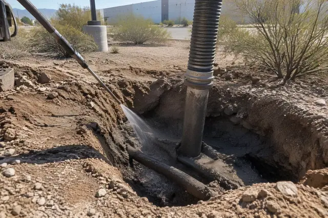 Hydro excavation at a commercial site in Mesa, AZ, using a water wand and vacuum hose in desert soil.