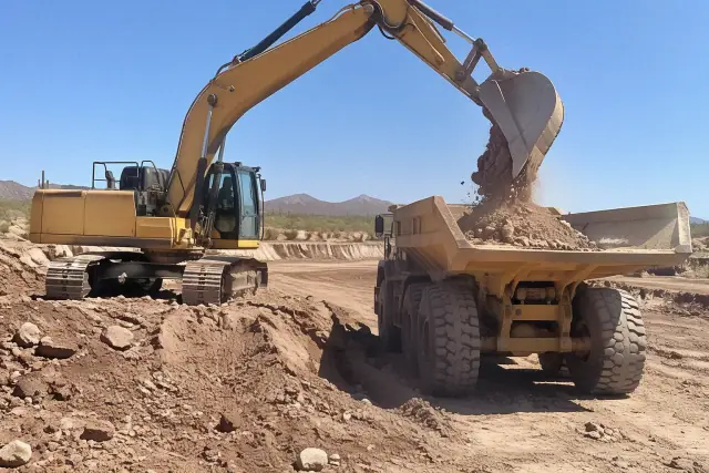 Excavator dumping stone and earth into a haul truck at a commercial site in Mesa, AZ.