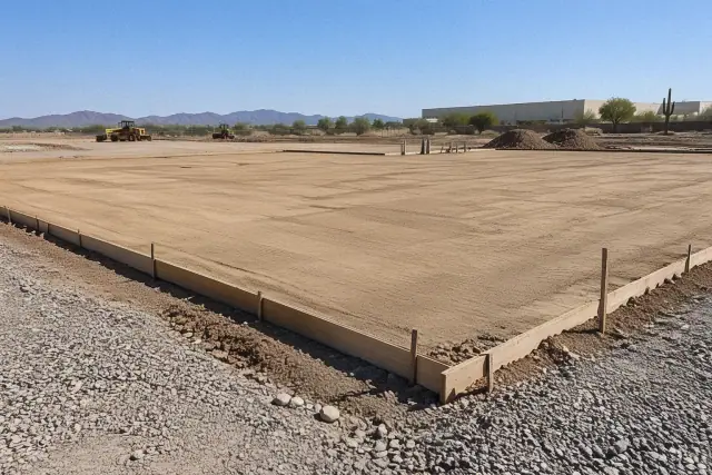 Compacted commercial building pad for foundation excavation in Mesa, AZ.