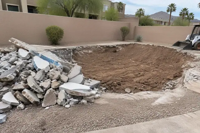 Commercial pool demolition and concrete debris piled near a backfilled pit in Mesa, AZ.