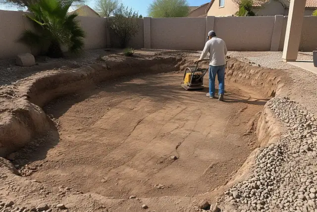 Compacted structural backfill dirt inside an excavated pool footprint in Mesa, AZ.