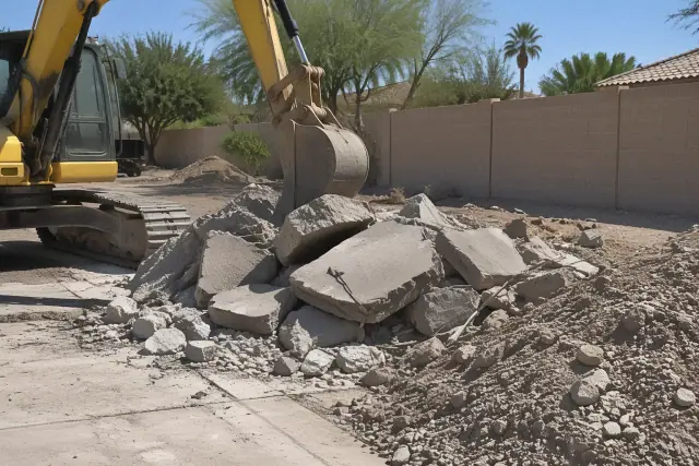 Heavy machinery breaking up a reinforced concrete driveway in Mesa, AZ, with sorted aggregate piles.