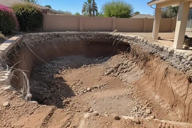Backyard pool excavation and removal work in progress showing raw earth walls in Mesa, AZ.