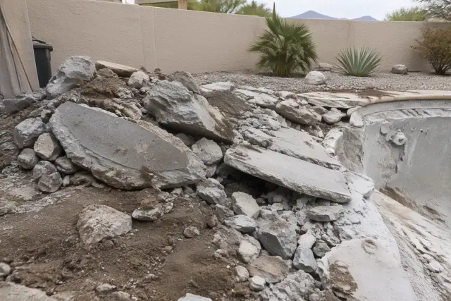 Concrete and pool rubble piled in a work area in Mesa, AZ.