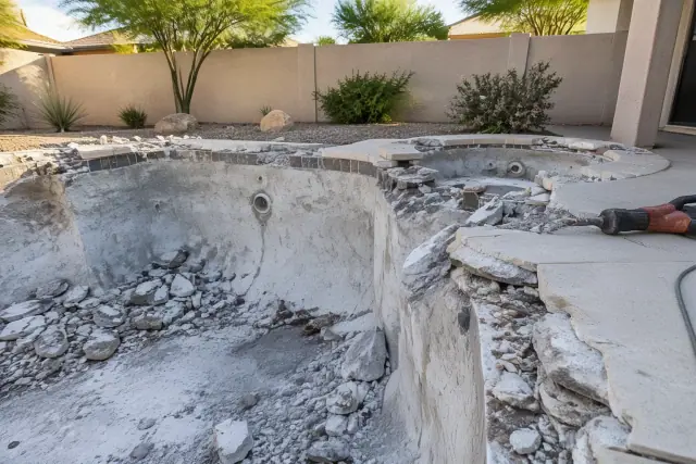 Concrete deck and spa removal for pool demolition at a home in Mesa, AZ.